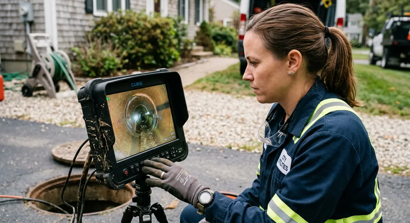 Technician reviewing sewer camera inspection footage in Wawayanda