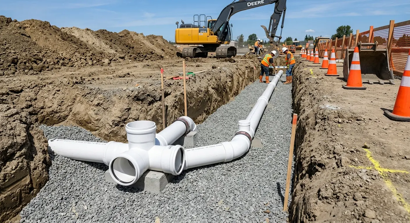 New PVC sewer pipe installation in open trench for Sewer Backup in Wawayanda