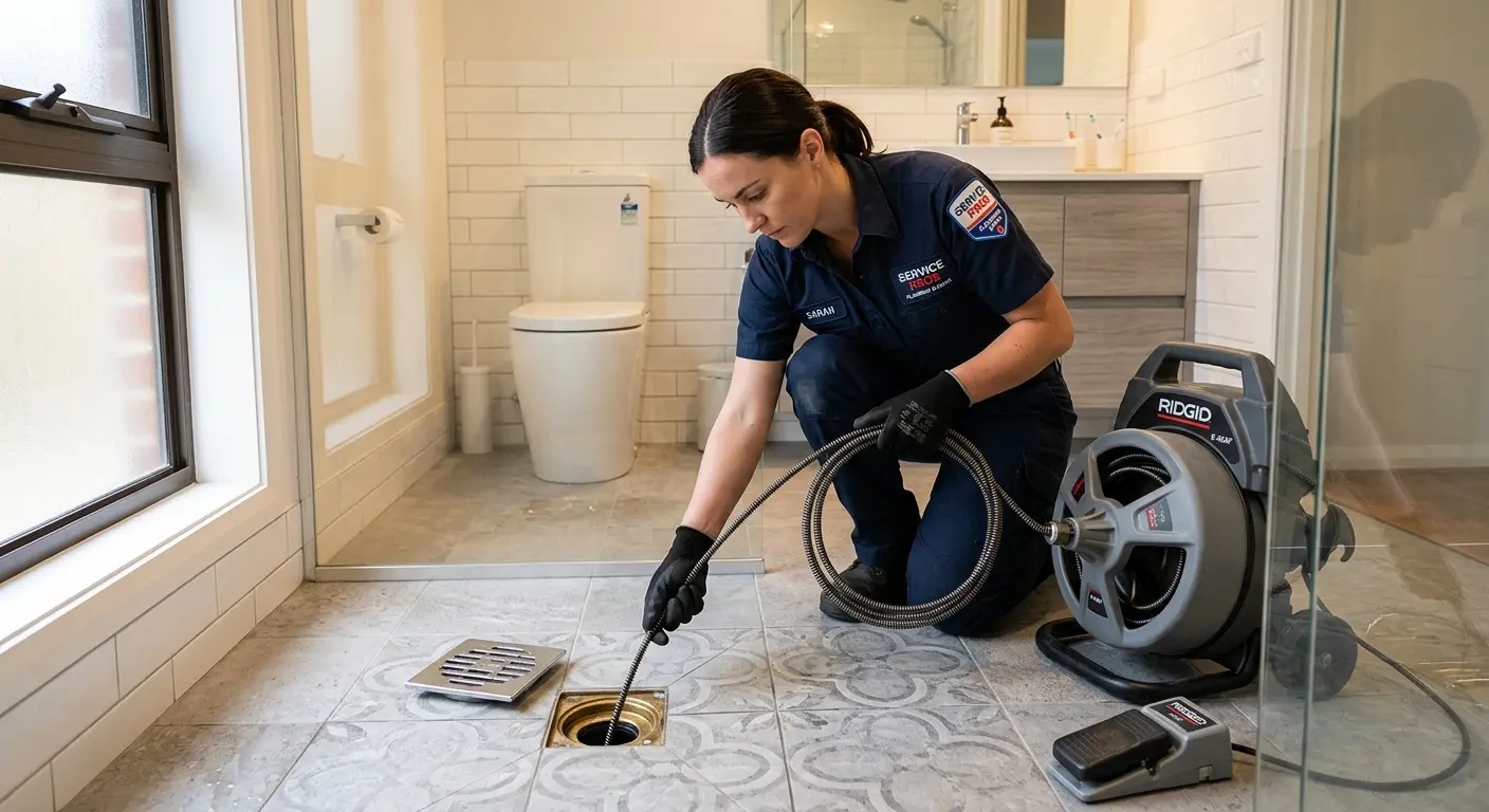 Technician clearing a bathroom floor drain for Sewer Line Installation in Wawayanda